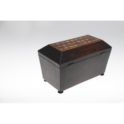 654 - VICTORIAN ROSEWOOD TUNBRIDGE WARE TEA CADDY. A Victorian tea caddy of sarcophagus shape, with an inl... 