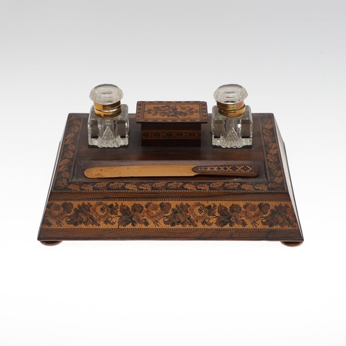 655 - VICTORIAN TUNBRIDGE WARE INKSTAND. The inkstand made in Rosewood and inlaid with a floral design, wi... 