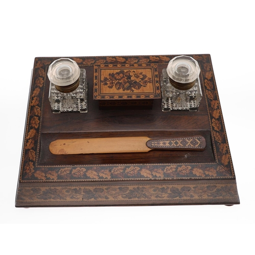 655 - VICTORIAN TUNBRIDGE WARE INKSTAND. The inkstand made in Rosewood and inlaid with a floral design, wi... 