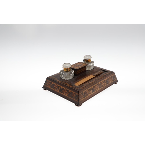 655 - VICTORIAN TUNBRIDGE WARE INKSTAND. The inkstand made in Rosewood and inlaid with a floral design, wi... 