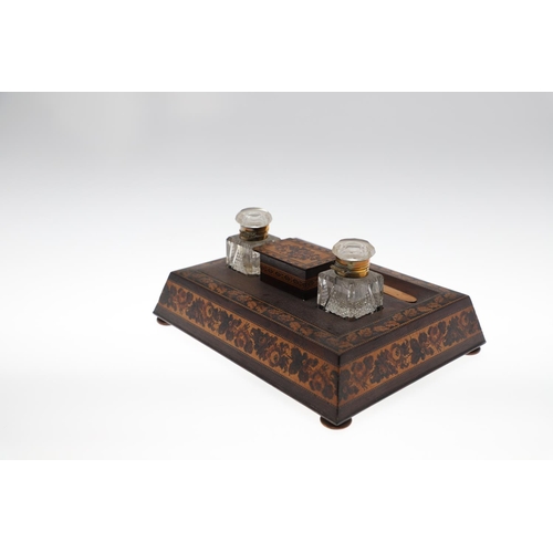 655 - VICTORIAN TUNBRIDGE WARE INKSTAND. The inkstand made in Rosewood and inlaid with a floral design, wi... 