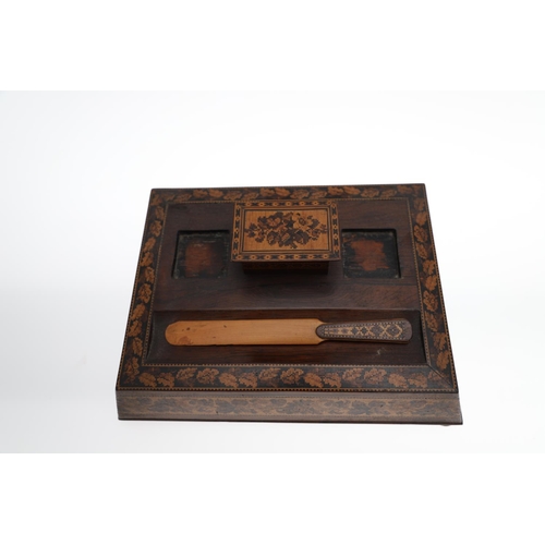 655 - VICTORIAN TUNBRIDGE WARE INKSTAND. The inkstand made in Rosewood and inlaid with a floral design, wi... 