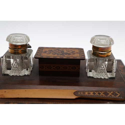 655 - VICTORIAN TUNBRIDGE WARE INKSTAND. The inkstand made in Rosewood and inlaid with a floral design, wi... 