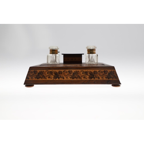 655 - VICTORIAN TUNBRIDGE WARE INKSTAND. The inkstand made in Rosewood and inlaid with a floral design, wi... 