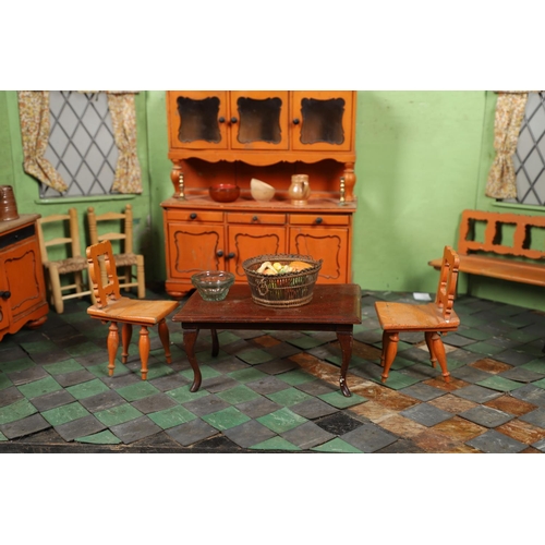 659 - CHILDRENS MODEL KITCHEN WITH DOLLS HOUSE FURNITURE & ACCESSORIES. A children's model kitchen, the op... 