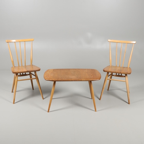 676 - VINTAGE ERCOL SIDE TABLE AND TWO DINING CHAIRS. An elm and beech side table of rectangular shape wit... 