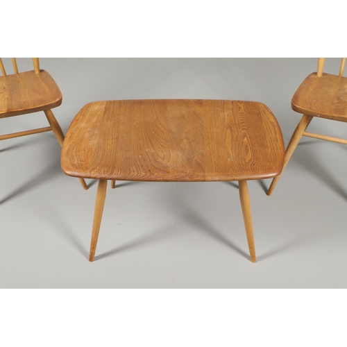 676 - VINTAGE ERCOL SIDE TABLE AND TWO DINING CHAIRS. An elm and beech side table of rectangular shape wit... 