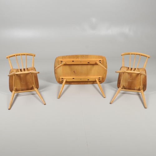 676 - VINTAGE ERCOL SIDE TABLE AND TWO DINING CHAIRS. An elm and beech side table of rectangular shape wit... 