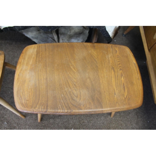 676 - VINTAGE ERCOL SIDE TABLE AND TWO DINING CHAIRS. An elm and beech side table of rectangular shape wit... 