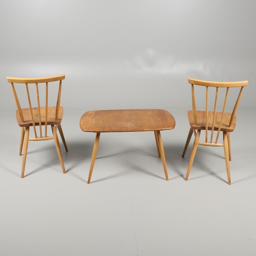 676 - VINTAGE ERCOL SIDE TABLE AND TWO DINING CHAIRS. An elm and beech side table of rectangular shape wit... 