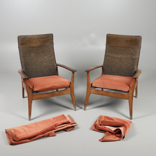 678 - A PAIR OF MID CENTURY ARMCHAIRS - FURPRO. A pair of teak chairs with wide arms and splayed legs, the... 