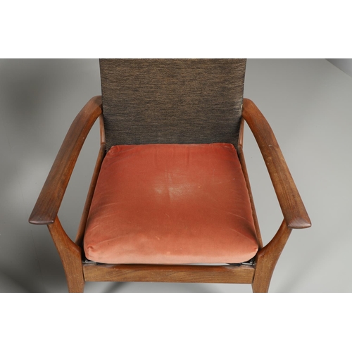 678 - A PAIR OF MID CENTURY ARMCHAIRS - FURPRO. A pair of teak chairs with wide arms and splayed legs, the... 