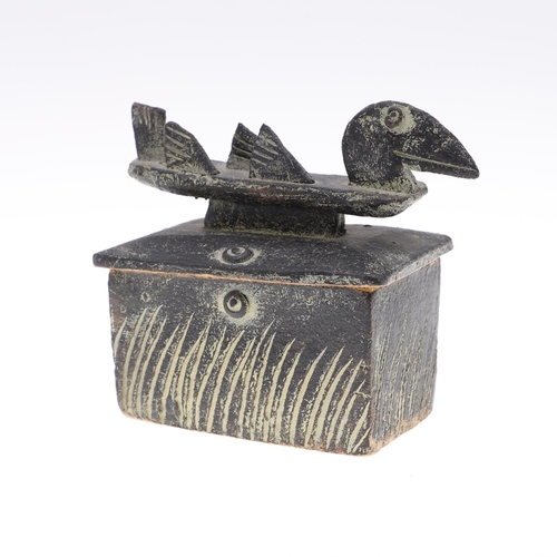 707 - JOHN MALTBY (1936-2020) STONEWARE LIDDED BOX. The rectangular lidded box with stylised bird shaped h... 