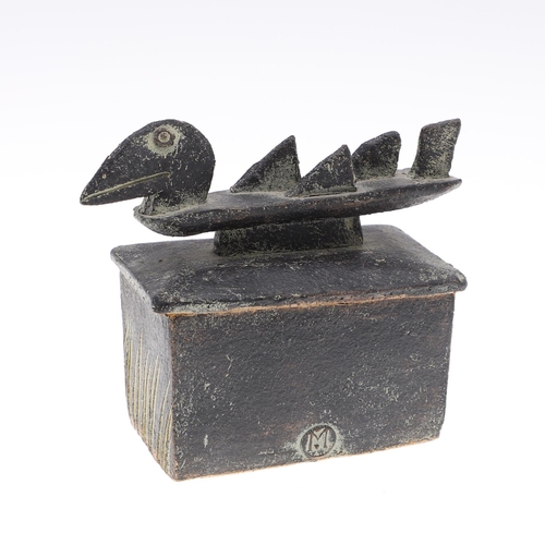 707 - JOHN MALTBY (1936-2020) STONEWARE LIDDED BOX. The rectangular lidded box with stylised bird shaped h... 