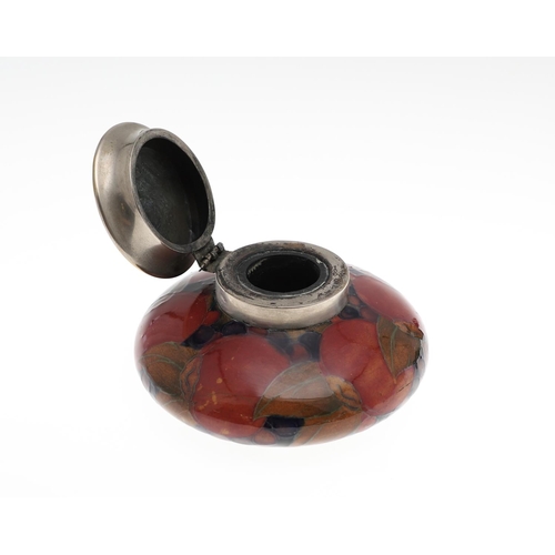 725 - ANTIQUE MOORCROFT INKWELLS - POMEGRANATE. Including a square shaped inkwell with lid, and four holes... 