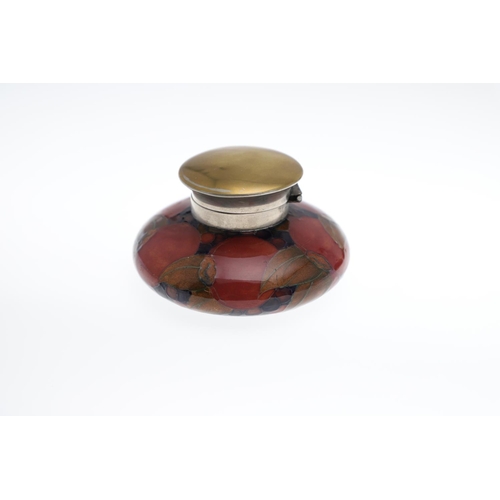 725 - ANTIQUE MOORCROFT INKWELLS - POMEGRANATE. Including a square shaped inkwell with lid, and four holes... 