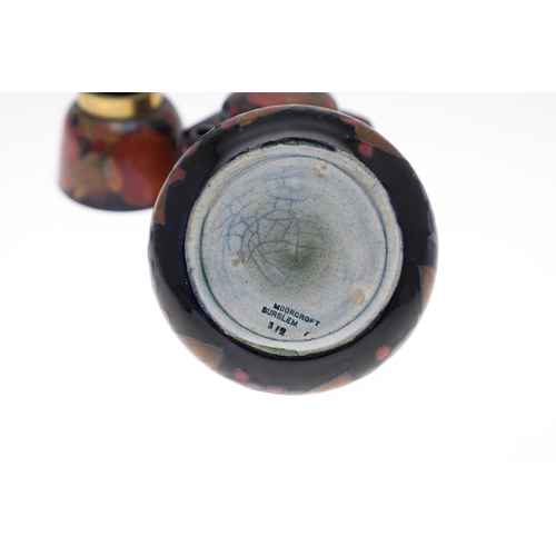 725 - ANTIQUE MOORCROFT INKWELLS - POMEGRANATE. Including a square shaped inkwell with lid, and four holes... 