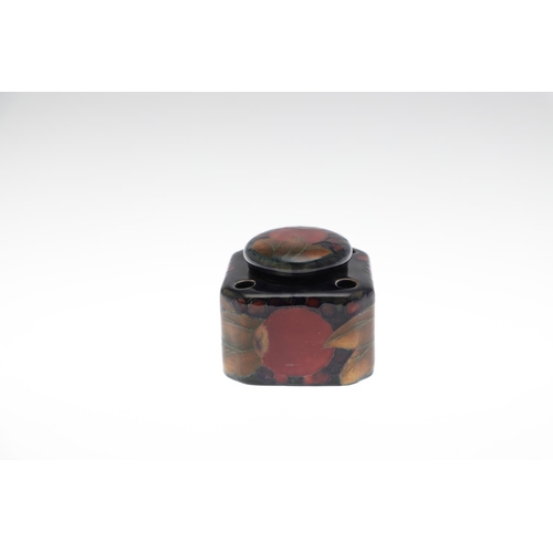 725 - ANTIQUE MOORCROFT INKWELLS - POMEGRANATE. Including a square shaped inkwell with lid, and four holes... 