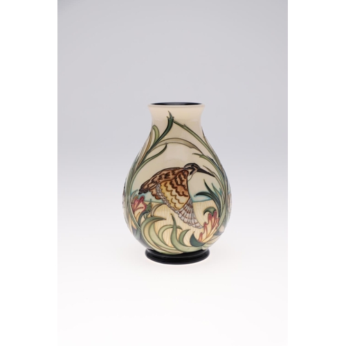 748 - MOORCROFT TRIAL VASE - WOODCOCK. A modern Moorcroft vase in the Woodcock design, painted with Woodco... 