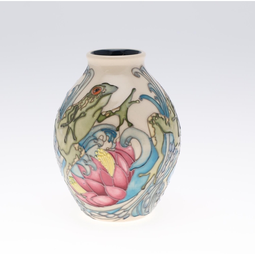 762 - MODERN MOORCROFT VASE - FROGGY SPLASH. A modern vase painted with Frogs and aquatic plants on a whit... 