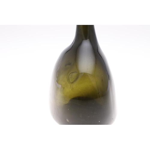 781 - 18THC GLASS BOTTLE. An olive green bottle with a tapering neck and string rim, the body of flattened... 