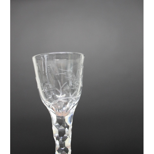 785 - THREE 19THC WINE GLASSES. 19thc in the 18thc style, with a small ogee shaped bowl etched with flower... 