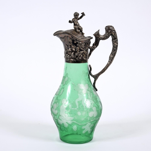 788 - AUSTRO-HUNGARIAN, SILVER & ETCHED GREEN GLASS CLARET JUG. A good quality claret jug, the green glass... 