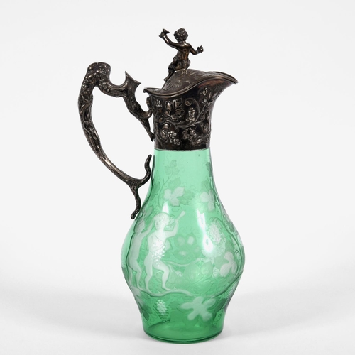 788 - AUSTRO-HUNGARIAN, SILVER & ETCHED GREEN GLASS CLARET JUG. A good quality claret jug, the green glass... 