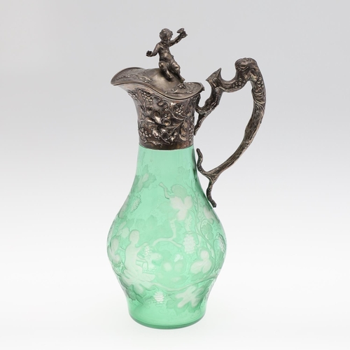 788 - AUSTRO-HUNGARIAN, SILVER & ETCHED GREEN GLASS CLARET JUG. A good quality claret jug, the green glass... 