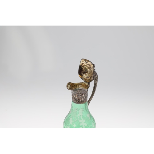 788 - AUSTRO-HUNGARIAN, SILVER & ETCHED GREEN GLASS CLARET JUG. A good quality claret jug, the green glass... 