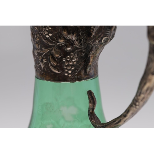 788 - AUSTRO-HUNGARIAN, SILVER & ETCHED GREEN GLASS CLARET JUG. A good quality claret jug, the green glass... 