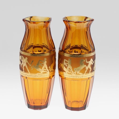 789 - PAIR OF CONTINENTAL MOSER STYLE GLASS VASES. A large pair of amber coloured glass vases, the top and... 