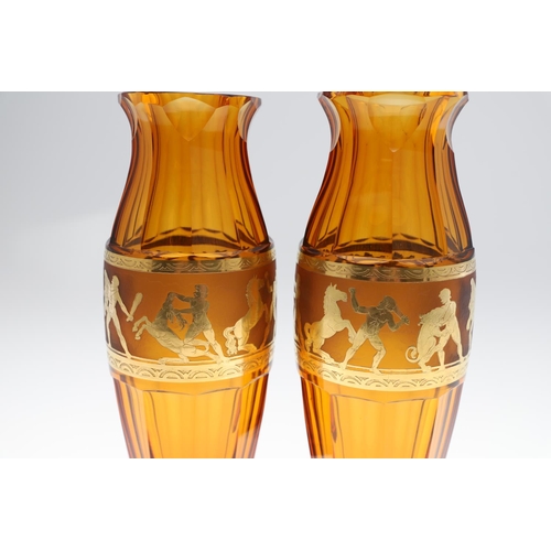 789 - PAIR OF CONTINENTAL MOSER STYLE GLASS VASES. A large pair of amber coloured glass vases, the top and... 