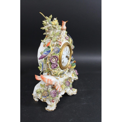 791 - LARGE MEISSEN CLOCK - BIRDS. 20thc, the enamel dial with gilt numerals and striking on a bell, the e... 