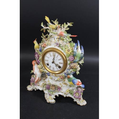 791 - LARGE MEISSEN CLOCK - BIRDS. 20thc, the enamel dial with gilt numerals and striking on a bell, the e... 