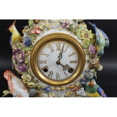 791 - LARGE MEISSEN CLOCK - BIRDS. 20thc, the enamel dial with gilt numerals and striking on a bell, the e... 