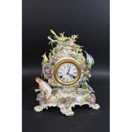 791 - LARGE MEISSEN CLOCK - BIRDS. 20thc, the enamel dial with gilt numerals and striking on a bell, the e... 