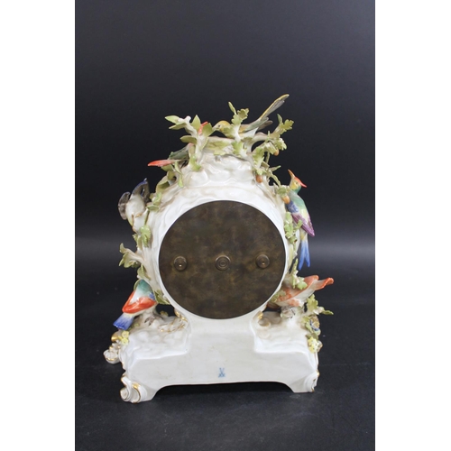 791 - LARGE MEISSEN CLOCK - BIRDS. 20thc, the enamel dial with gilt numerals and striking on a bell, the e... 