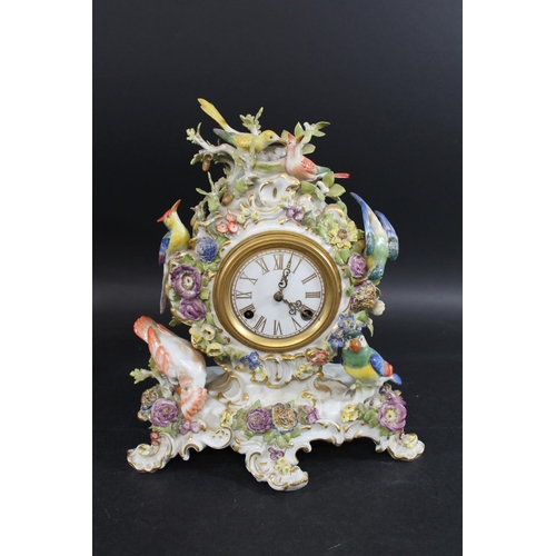 791 - LARGE MEISSEN CLOCK - BIRDS. 20thc, the enamel dial with gilt numerals and striking on a bell, the e... 