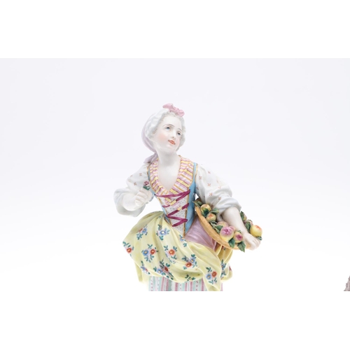 792 - A PAIR OF MEISSEN PORCELAIN FIGURES OF A LADY AND GENTLEMAN. A pair of Meissen figures, including a ... 