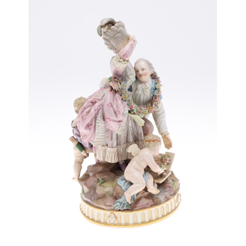 795 - 19THC MEISSEN FIGURE GROUP - THE BROKEN BRIDGE. A late 19thc group after a model by M V Acier, with ... 