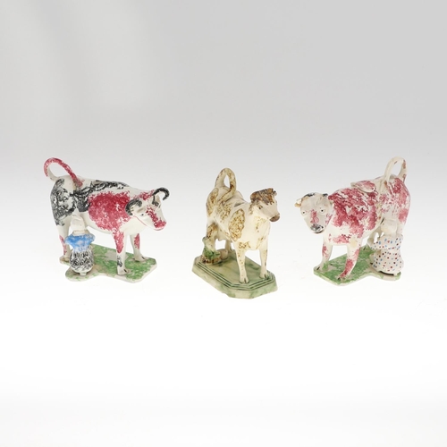 807 - WHIELDON COW CREAMER & TWO OTHER 19THC COW CREAMERS. A Whieldon cow creamer with a rectangular cante... 