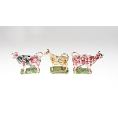 807 - WHIELDON COW CREAMER & TWO OTHER 19THC COW CREAMERS. A Whieldon cow creamer with a rectangular cante... 