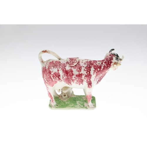 807 - WHIELDON COW CREAMER & TWO OTHER 19THC COW CREAMERS. A Whieldon cow creamer with a rectangular cante... 