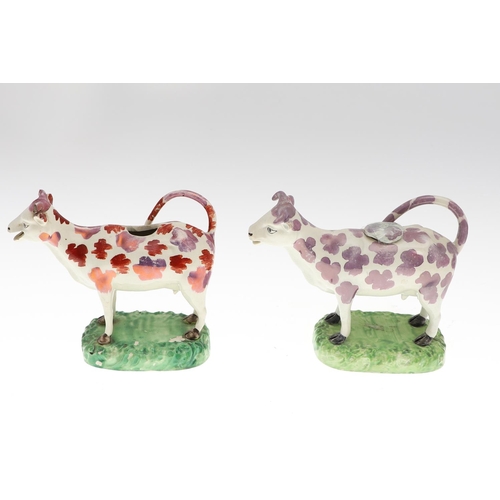 808 - 19THC PEARLWARE COW CREAMERS. Including two similar Cow Creamers with splashes of purple lustre, and... 