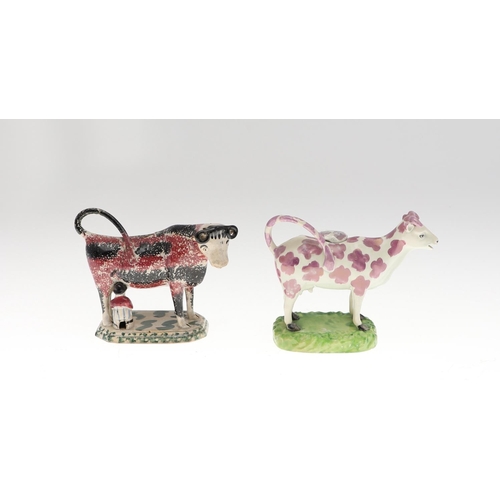 808 - 19THC PEARLWARE COW CREAMERS. Including two similar Cow Creamers with splashes of purple lustre, and... 