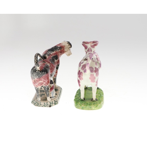 808 - 19THC PEARLWARE COW CREAMERS. Including two similar Cow Creamers with splashes of purple lustre, and... 