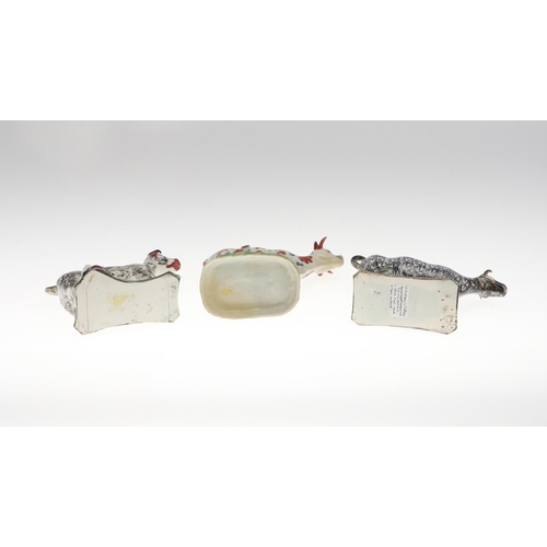 809 - 19THC PRATTWARE COW CREAMER & TWO OTHER COW CREAMERS. Attributed to 'St Anthony's Pottery', with bla... 