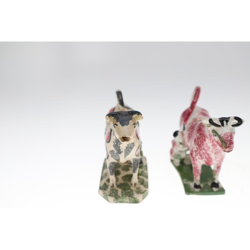 810 - 19THC COW CREAMERS. Four various Cow Creamers, each with sponge decoration and milkmaid to the base.... 