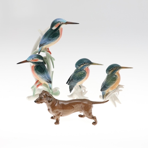 813 - KARL ENS PORCELAIN KINGFISHERS & MEISSEN DACHSCHUND. Including a large model of a pair of Kingfisher... 